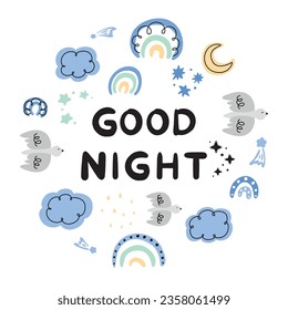 good night, children's pattern with rainbows, starry sky, weather icons set, abstract pattern with doodle elements, hand drawn doodles set, clouds, rainbow, bird, sun, moon, rain, stars