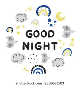 good night, children's pattern with rainbows, starry sky, weather icons set, abstract pattern with doodle elements, hand drawn doodles set, clouds, rainbow, bird, sun, moon, rain, stars