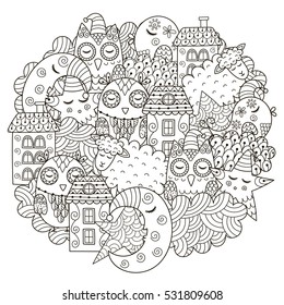 Good night circle shape pattern for coloring book. Monochrome background with cute moon, owls, sheep, clouds, stars and houses. Vector illustration