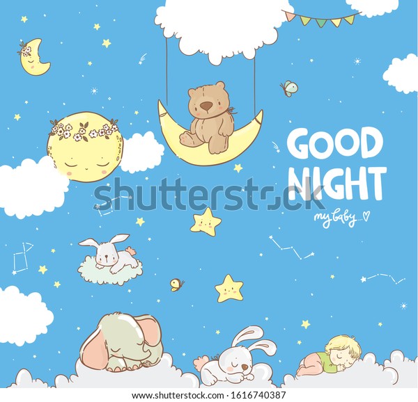 Good Night Collection Cute Animals Starry Stock Vector (Royalty Free ...