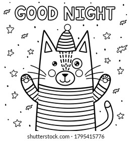 Good night coloring page with a funny cat. Black and white background. Sweet dreams vector illustration 
