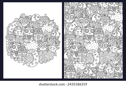 Good night coloring pages set. Black and white doodle background templates bundle with moon, star, owl. Whimsical outline background. Vector illustration