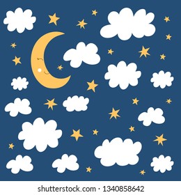 Good night concept. Half moon, clouds and star pattern. Vector illustration for baby design.