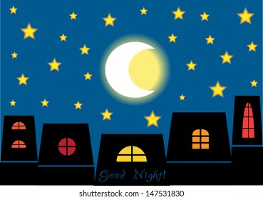 good night concept, romantic vector background with houses in silhouettes and blue sky with stars and moon