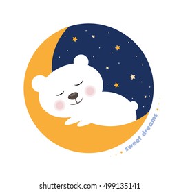 Good night! Cute bear sleep on a moon