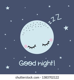 Good night - cute moon decoration. Little moon and star, cute characters set, posters for nursery room, greeting cards, kids and baby clothes. 