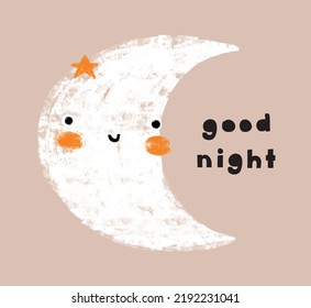 Good Night. Cute Nursery Vector Art with Kawaii Style Moon. Hand Drawn Big White Smiling Moon on a Beige Background. Funny Infantile Style Doodle Print ideal for Card, Wall Art, Poster, Decoration.