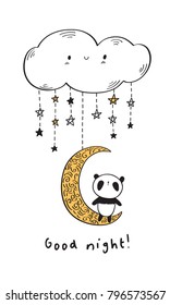 Good night. Cute panda on the golden moon and funny cloud. Hand drawn illustration for your design. Vector.