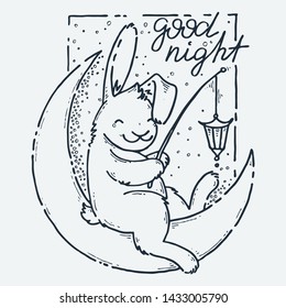 Good night. Cute rabbit on a moon with lantern. Cartoon hand drawn vector illustration. Nice for t-shirt print, kids wear fashion design, clip-art, baby shower invitation cards