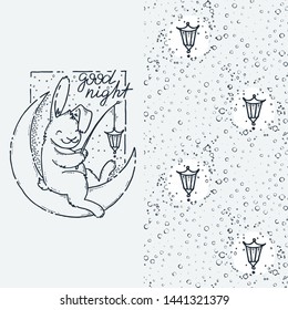 Good night. Cute rabbit on a moon with lantern. Cartoon hand drawn seamless vector illustration. Nice for t-shirt print, kids wear fashion design, clip-art, baby shower invitation cards
