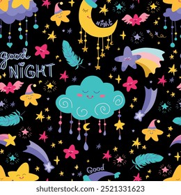 Good night cute seamless pattern. Clouds, stars and moons pattern with dark blue background for kids pajamas, fabric, textile, home decor, wrapping paper etc.