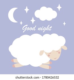 Good night. Cute sheep, stars and Moon. Vector illustration for poster, postcard and more