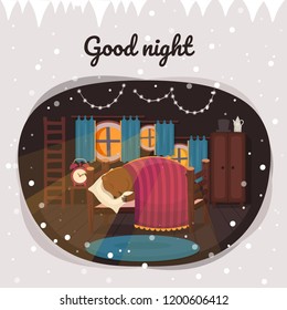 Good night.
Cute sleeping bear in bed in lair room.  Vector illustration of flat cartoon style.