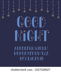 Gute Nachtdoodle-Schrift. Rutsche Kinderbriefe und -zahlen, die mit Sternen verziert sind. Englisches kindisches Alphabet.	