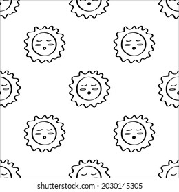 Good night doodle pattern. Time to go to bed. Seamless background with sleeping sun. Black outline on a white background. For fabric, wallpaper, and children's textiles.