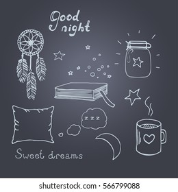 Good night doodle set isolated on chalkboard.Vector illustration.