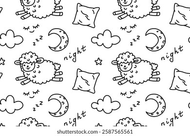 Good Night Doodle Sleep Drawing. Pattern of sleep doodle Good night symbols in sketch style. count the sheep