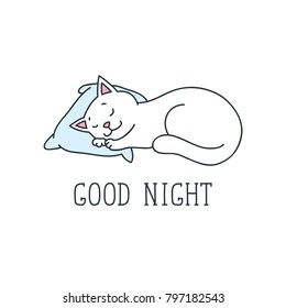 Good night. Doodle vector illustration of cute cat sleepig on a pillow. Can be used for t-short print, poster or card