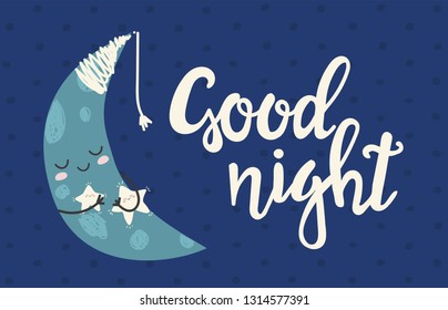 Good Night. Draw seamless pattern background with sky, emotion, stars, moon, luna and text, many details. Can use for printing, website, presentation element, textile. Vector illustration.