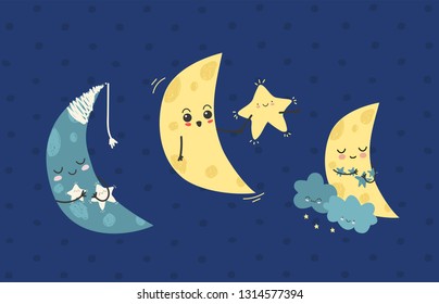 Good Night. Draw seamless pattern background with sky, emotion, stars, moon, luna and text, many details. Can use for printing, website, presentation element, textile. Vector illustration.