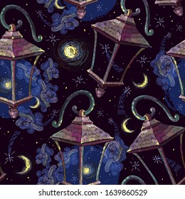 Good night. Dreams concept.Vintage lantern, moon and night sky seamless pattern. Embroidery. Street light art. Fashion fantasy template for clothes, tapestry, t-shirt design 