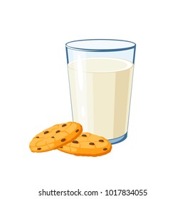 Good night, evening meal. Glass of milk and chocolate cookies. Vector illustration cartoon flat icon isolated on white.