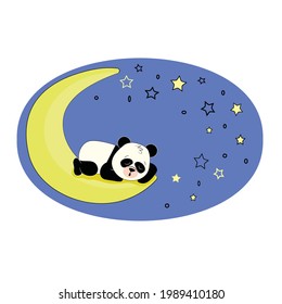 Good night greeting card with cute sleeping panda on the moon in the starry sky