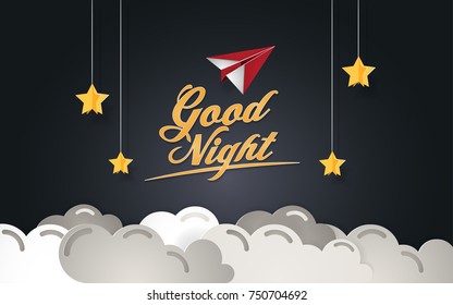 Good Night Greeting card vector illustration using paper cut style