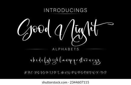 Alfabeto vector dibujado por la mano de la buena noche. Tipo de letra moderno del guión de la firma de monolina. Tipo de letra de firma elegante. Mejor Alfabeto Hermosa caligrafía Firma Letra tipográfica manuscrita