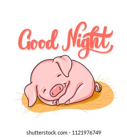 Good night hand lettering with sleeping baby pig cartoon illustration for poster, banner, logo, promo. Sleep expert or children book or kid club pajama party. Piglet for christmas card, symbol of 2019