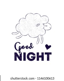 "Good Night" illustration with sheep jumping in the night sky. Beautiful calm picture about helping baby to sleep. Poster about sleep, dream or relax. Hand draw icon of sheep jumping over the fence. 