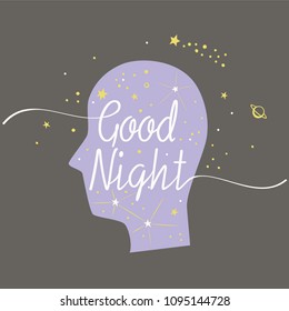 Good Night illustration with stars and head