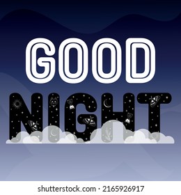 Good night, the inscription "Good night", a greeting card with a wish of good night, a cute card with the moon and stars