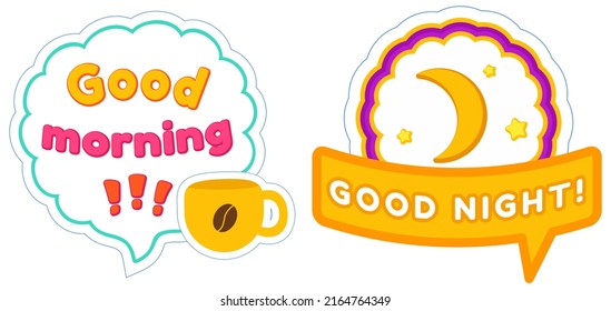 Good night inspirational lettering design for posters, flyers, stickers, banners. Bright sticker with expressive phrase and good night wishes. Moon and stars on patch bage on blue background