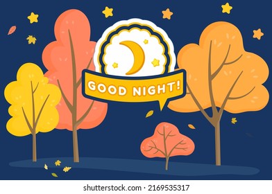 Good night inspirational lettering on background of autumn park. Bright inscription, expressive phrase and good night wishes. Forest falls asleep in dark with stars and moon vector illustration