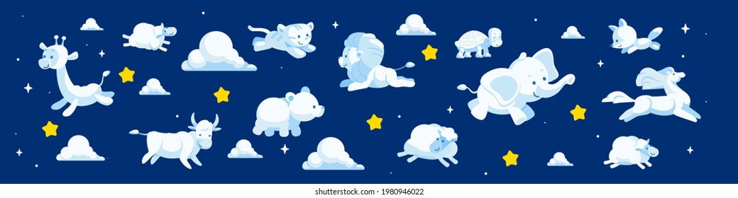 Good night isolated elements for your design. Sweet dreams animals collection. Animal clouds white shapes sweet dreams kid imagination cute farm and wild. Bear, Sheep, Fox. Cartoon vector illustration