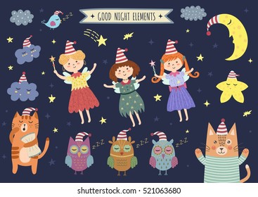 Good night isolated elements for your design with cute moon, clouds, fairies, owls and cat. Sweet dreams clipart collection. Vector illustration