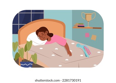 Good night kids concept with people scene in the flat cartoon style. Girl sleeps in a cozy room with her toy. Vector illustration.