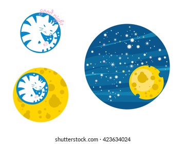 Good night. Kitten and stars. Kitten on the moon. Kids illustration. Set of vector images.
