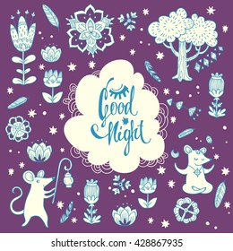Good night lettering. childish vector background with forest glade. doodle illustration with tree, flowers and cute cartoon characters