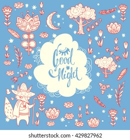 Good night lettering. childish vector background with wonderful forest glade. doodle illustration with moon,  trees, flowers and cute cartoon Fox wayfarer in cloak and with staff