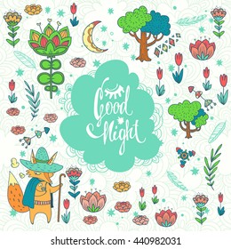Good night lettering. childish vector background with wonderful forest glade. doodle illustration with moon, trees, flowers and cute cartoon Fox wayfarer in cloak and with staff