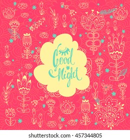 Good night lettering. childish vector background with forest glade. doodle illustration with wonderful flowers