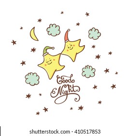 Good night lettering. Cute hand drawn beautiful card with cartoon star