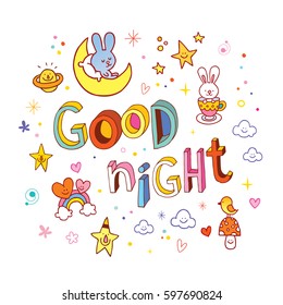 good night lettering design with cute characters