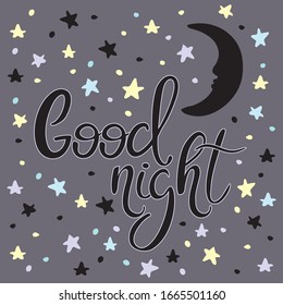 Good night lettering hand drawn stars and moon