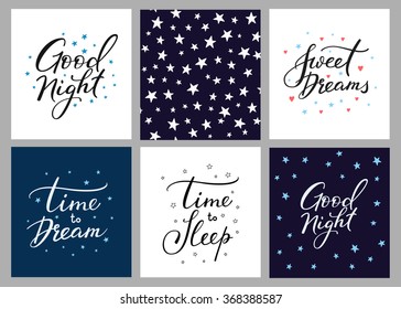 Good night lettering postcard set. Motivational quote. Sweet cute inspiration typography. Calligraphy postcard poster graphic design pattern element. Hand written sign. Stars decoration element