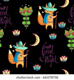 Good night lettering. Vector seamless pattern with fox, moon and flowers. Texture with cute cartoon animal character on wonderful glade.