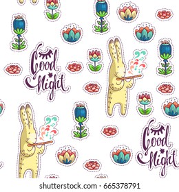 Good night lettering. Vector seamless pattern with rabbit and flowers. Texture with cute cartoon animal character on wonderful glade in doodle style.
