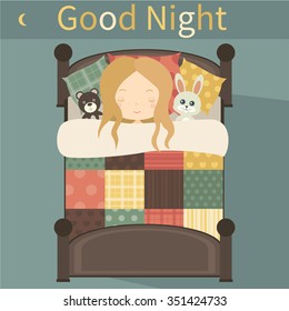 Good night. Little cute girl in bed, sleeping.Vector illustration